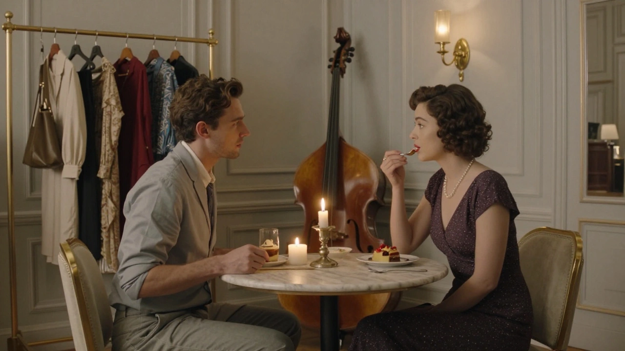 Two people sharing dessert in a luxurious Parisian apartment with vintage decor.