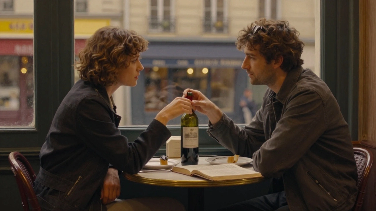 Two strangers sharing wine at a quiet corner table in Saint-Germain-des-Prés, hands nearly touching.