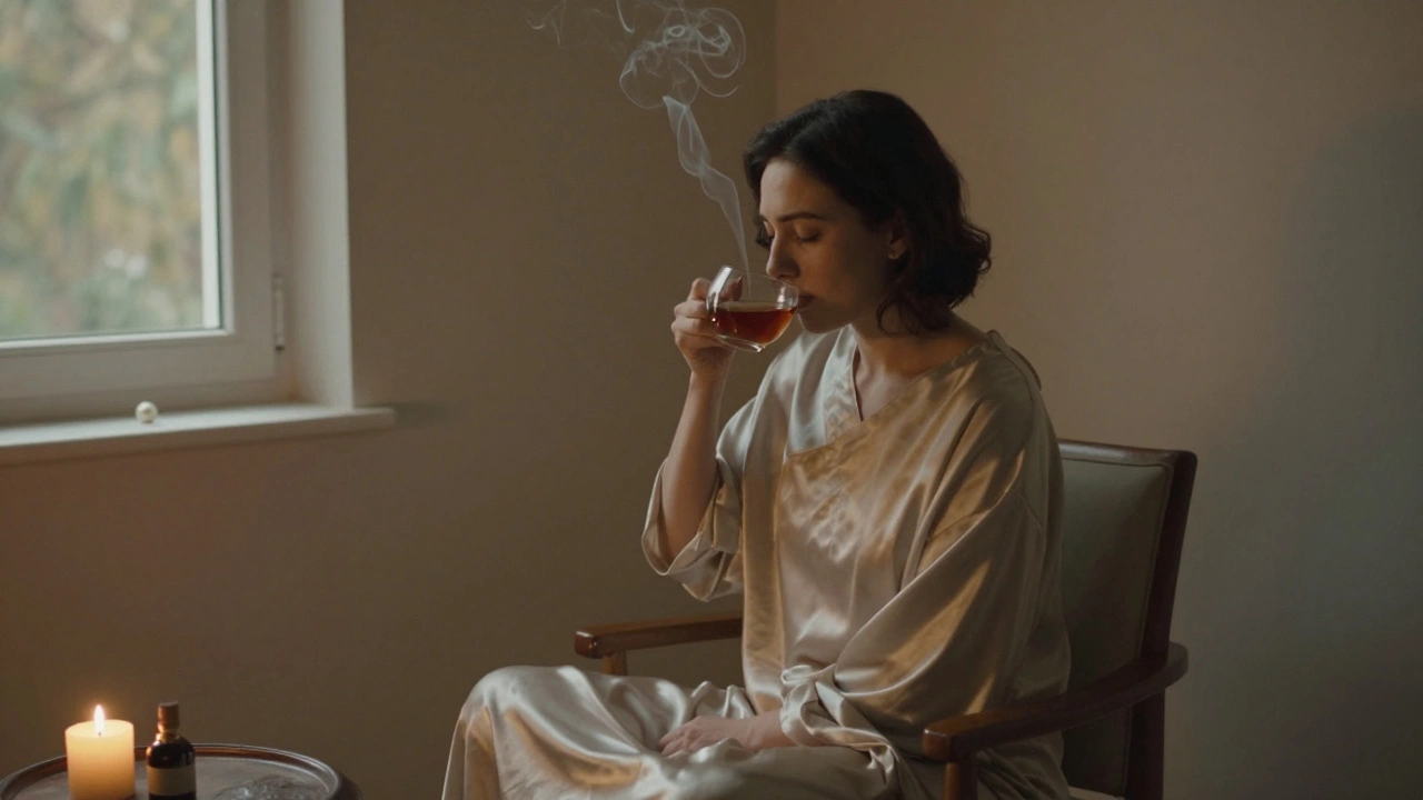 A client sitting alone after a session, sipping tea in a candlelit room, surrounded by quiet remnants of a meaningful, non-sexual human connection.