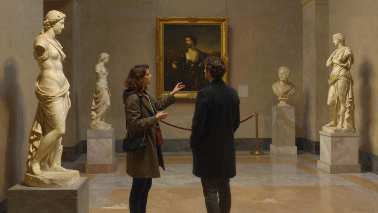 A companion and client explore the Louvre after hours, surrounded by sculptures in soft museum light.