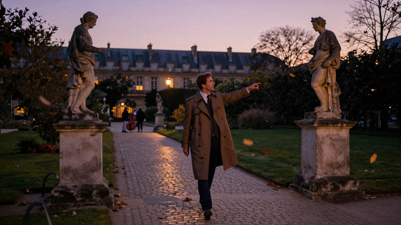 A companion points to a statue in a hidden Paris garden at twilight, rooftops glowing softly in the distance.