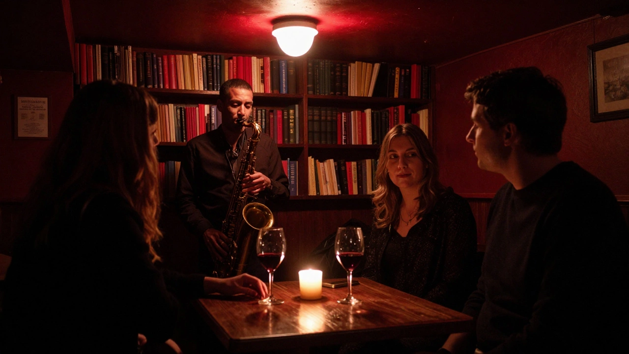 A couple enjoys a quiet evening in a dimly lit jazz basement bar with a saxophone playing softly in the background.