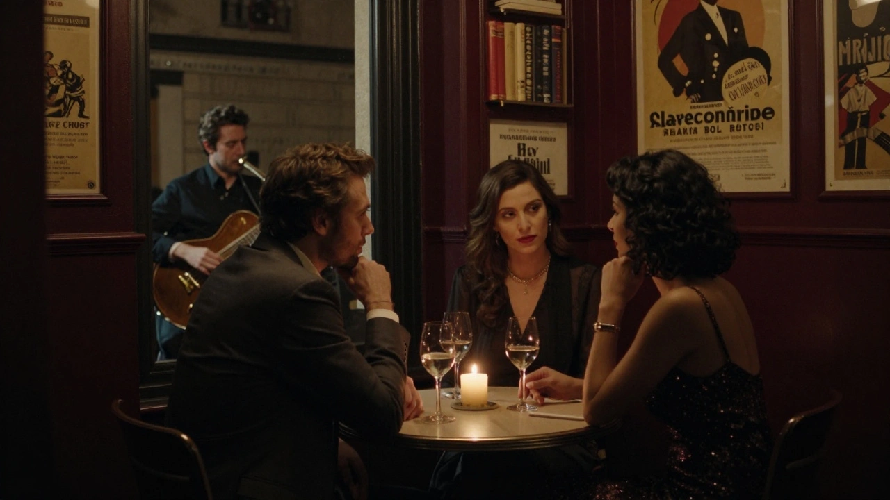 A couple enjoys an intimate evening at a hidden Paris jazz bar, lit by candlelight and warm ambiance.