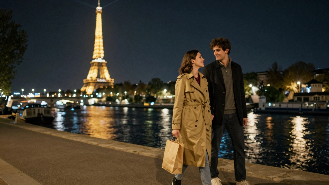 A couple walking peacefully along the Seine at night, the Eiffel Tower sparkling in the distance, sharing a quiet moment.