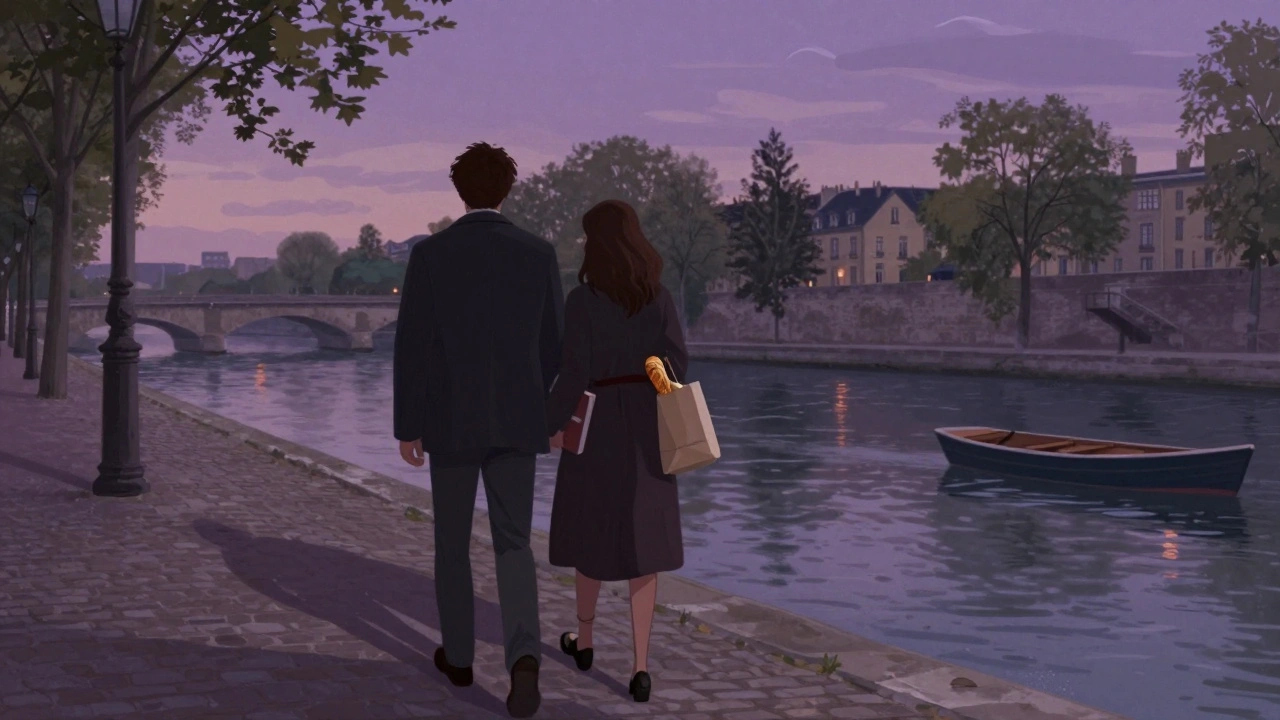 A couple walks along the Canal Saint-Martin at dusk, sharing a quiet moment under twilight skies.