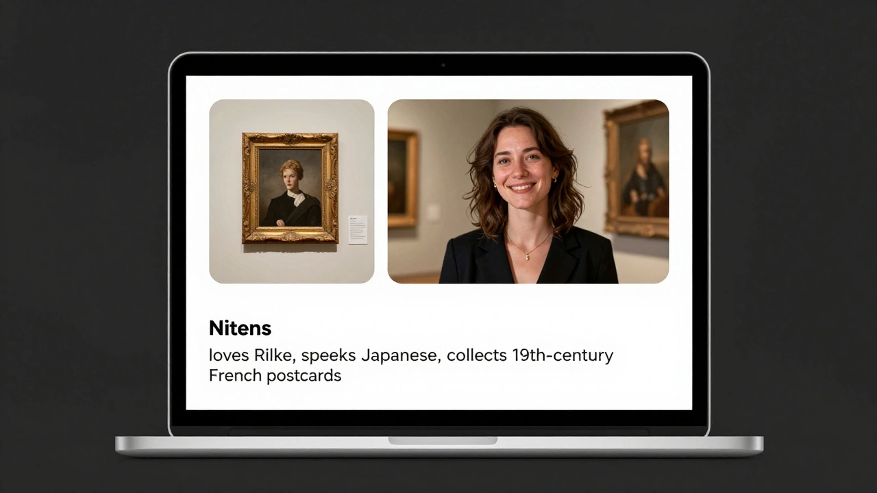 A discreet escort profile on a laptop showing real photos and detailed interests, no nudity or overt sexuality.