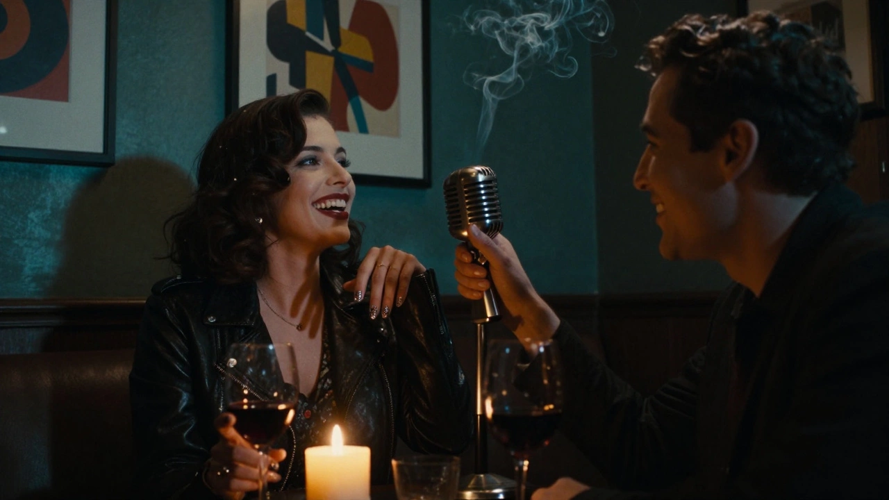 A free-spirited companion listening to a client in a dimly lit Montmartre jazz club, surrounded by candlelight and vintage charm.