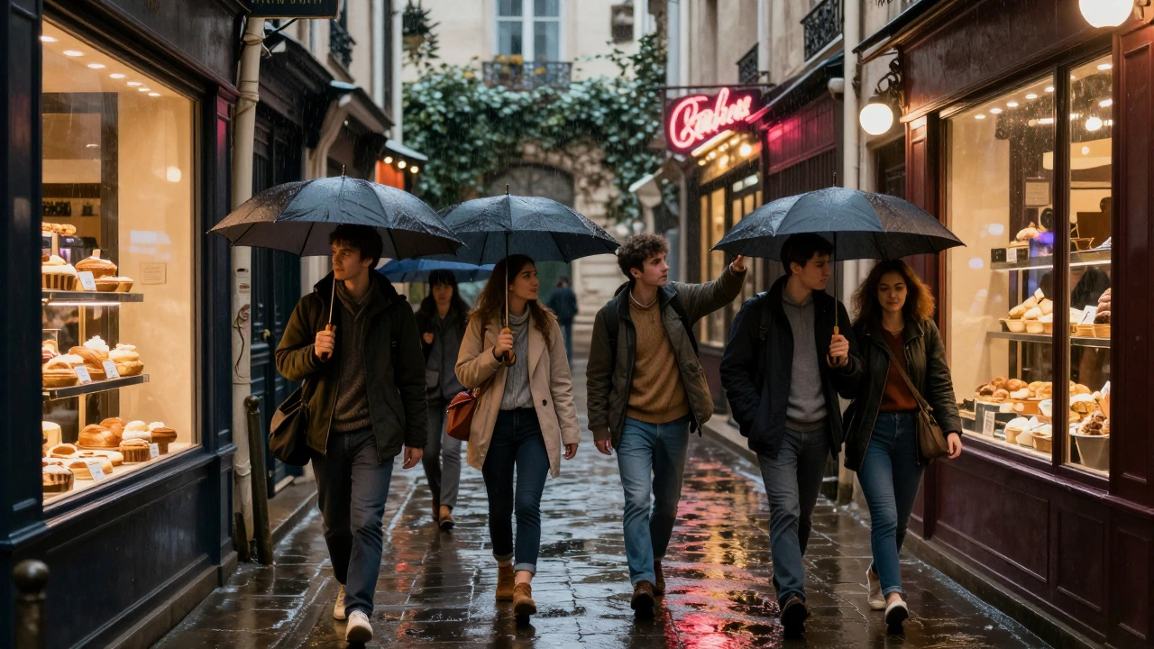 A group explores a rainy Parisian alley at night, guided toward a glowing patisserie by a companion.