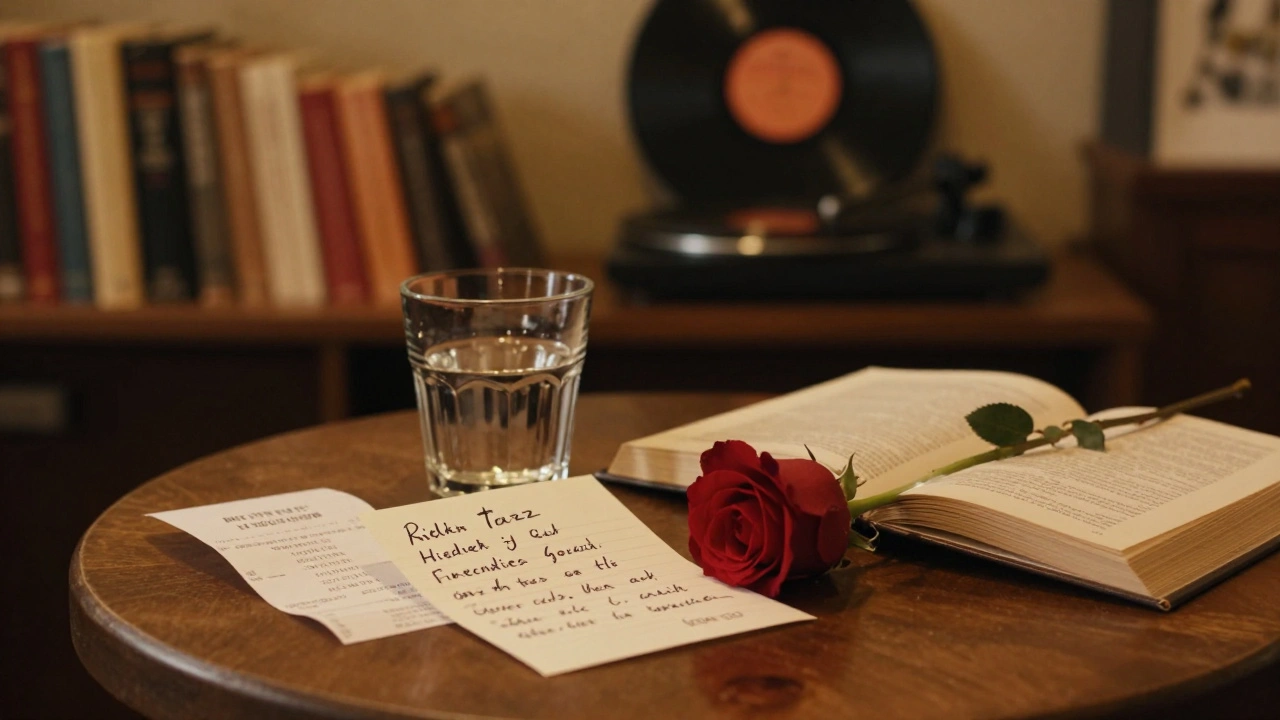 A handwritten note and rose rest beside an open book and empty cup in a cozy Parisian café.