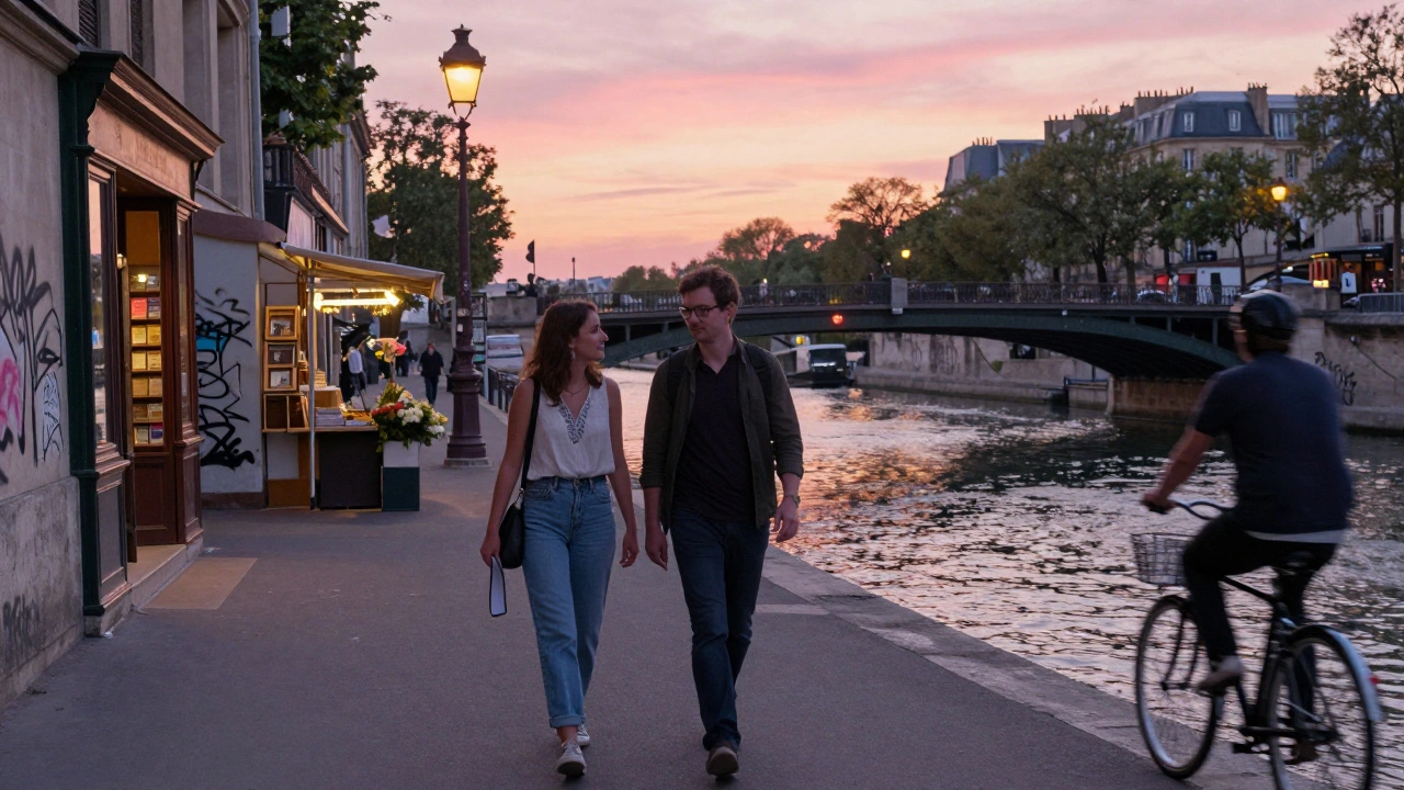 A man and woman walking peacefully along the Canal Saint-Martin at sunset, hands lightly linked.