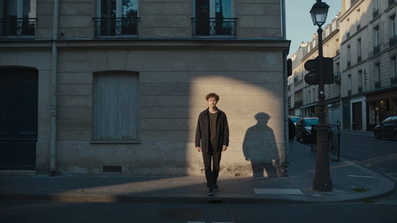 A person walks peacefully down a quiet Paris street at dawn, shoulders relaxed, city still asleep behind them.