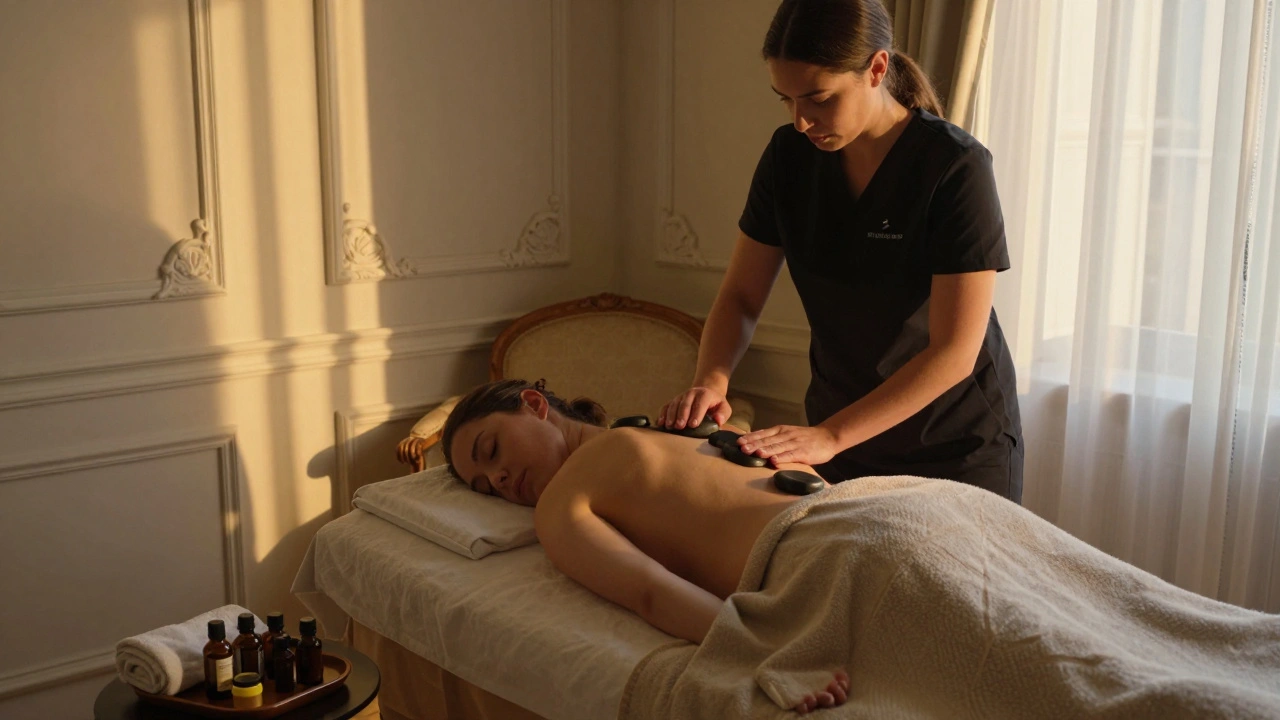 A practitioner uses hot stones to relieve tension on a client's back in a serene Paris apartment with French architectural details.