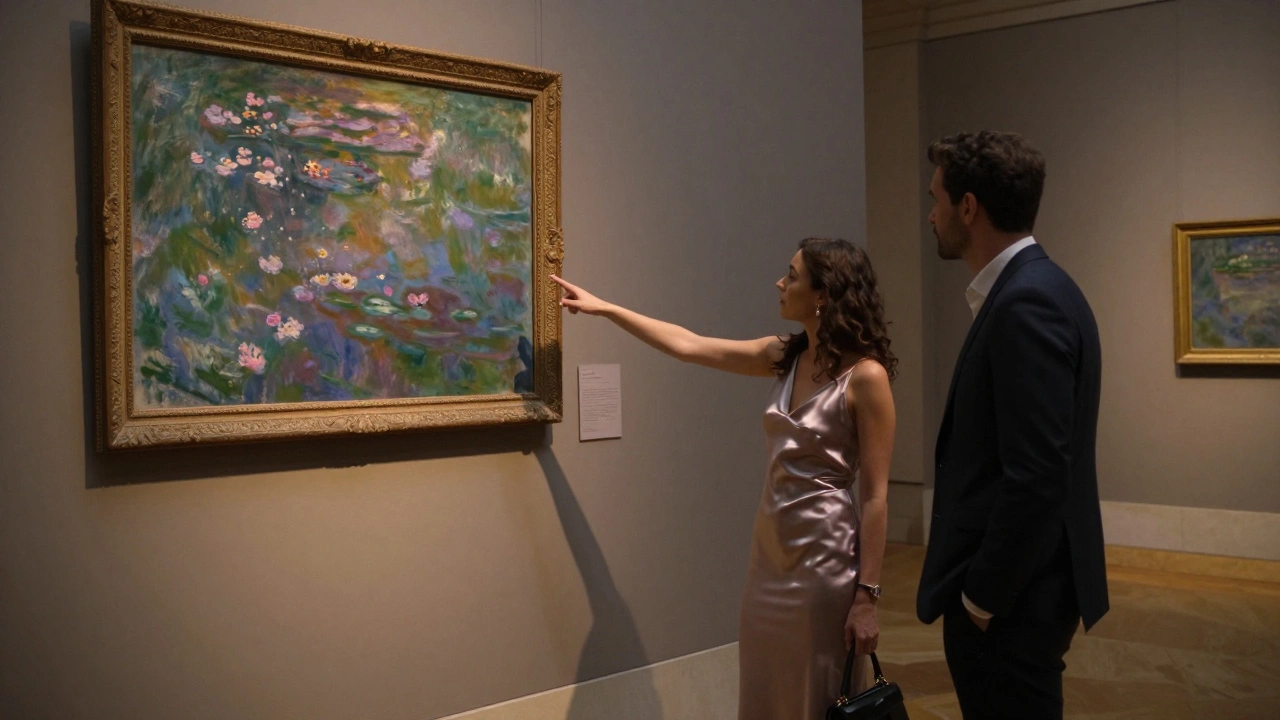 A private art viewing at the Louvre at night, with a companion pointing to a Monet painting.