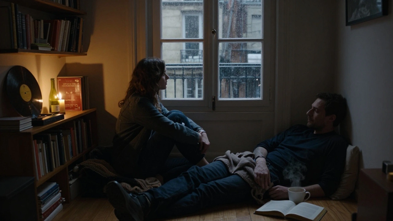 A quiet, intimate moment on a rainy evening in a Paris apartment, two people lying side by side listening to music.