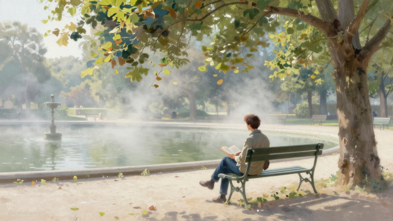 A quiet moment in Luxembourg Garden, two people reading side by side under chestnut trees at dawn.