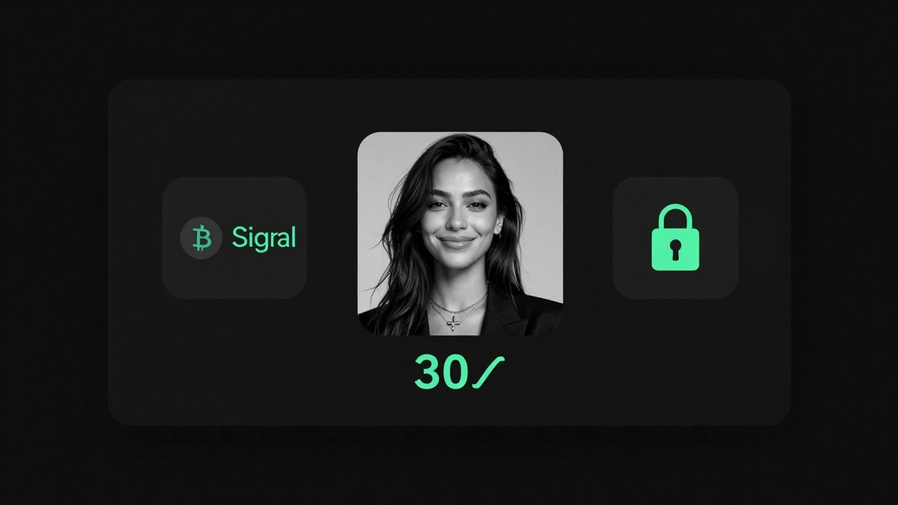 A secure digital profile interface with encrypted communication symbols and a video thumbnail.