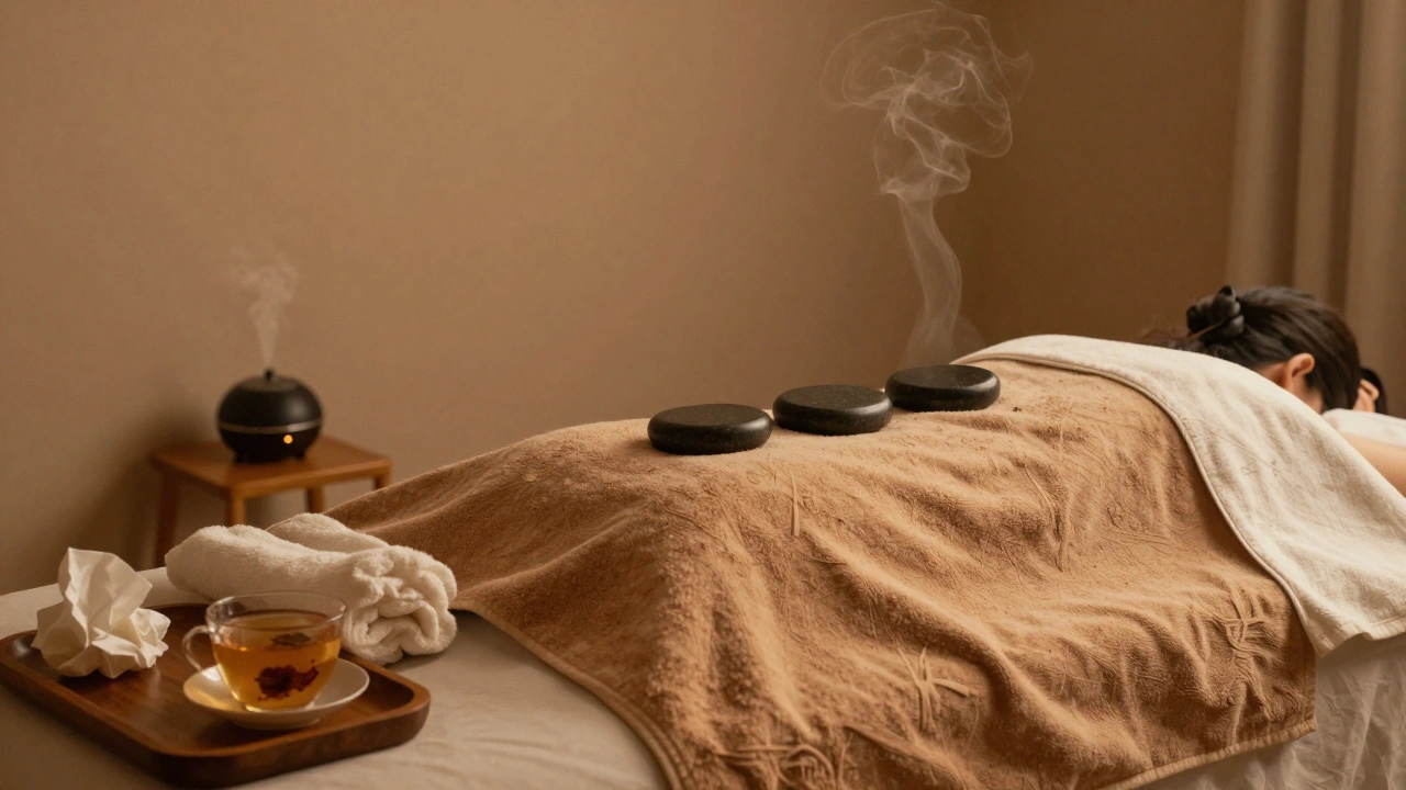 A serene massage room with warm lighting, linen towels, and stones on a table—no people, only quiet evidence of rest.