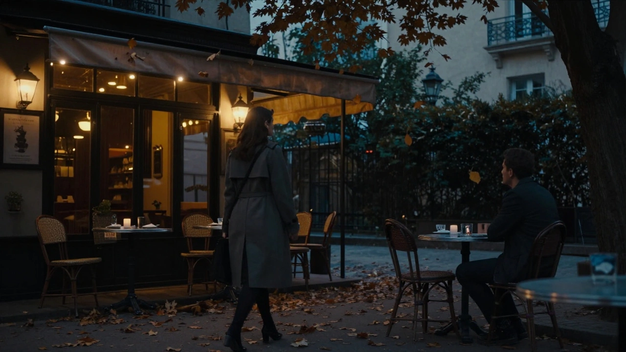 A silhouette walks through a quiet Parisian courtyard at dusk, lamplight casting warm glow on falling leaves.