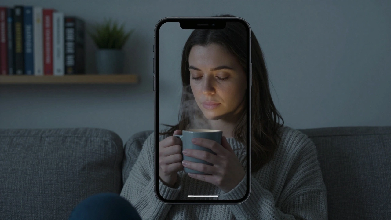 A woman in a cozy sweater holding a mug, her face lit by the glow of a private messaging screen.