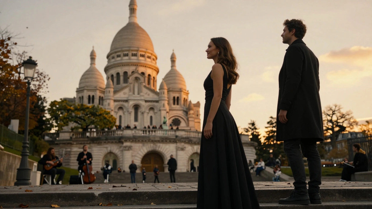 A woman in an elegant gown stands at Montmartre’s steps at sunset, overlooking Paris with quiet grace.