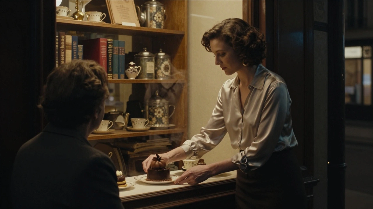 A woman serves chocolate dessert in a quiet, unmarked Parisian patisserie, warm light glowing against a dark street.