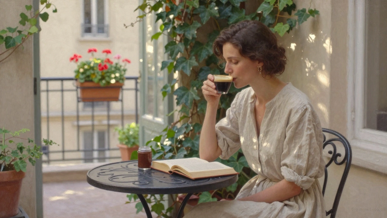 A woman sits alone in a sunlit Parisian courtyard, sipping coffee beside an open book, surrounded by ivy and old stone walls.