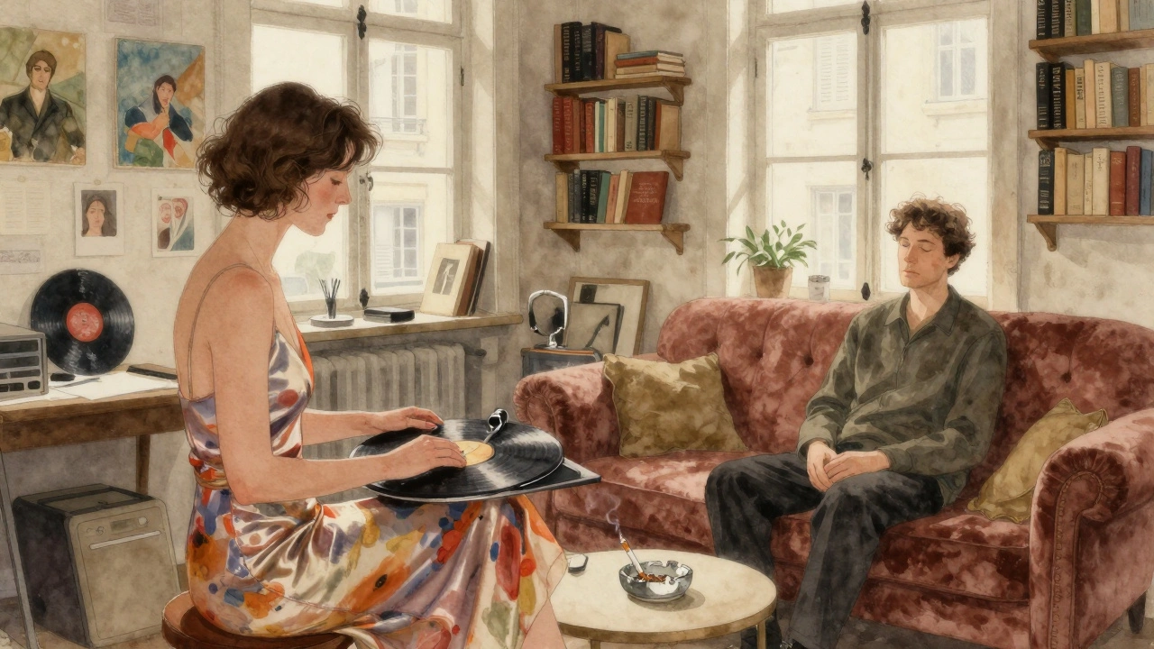 An artist plays a record in her Montmartre studio while a client listens quietly in the sunlight.