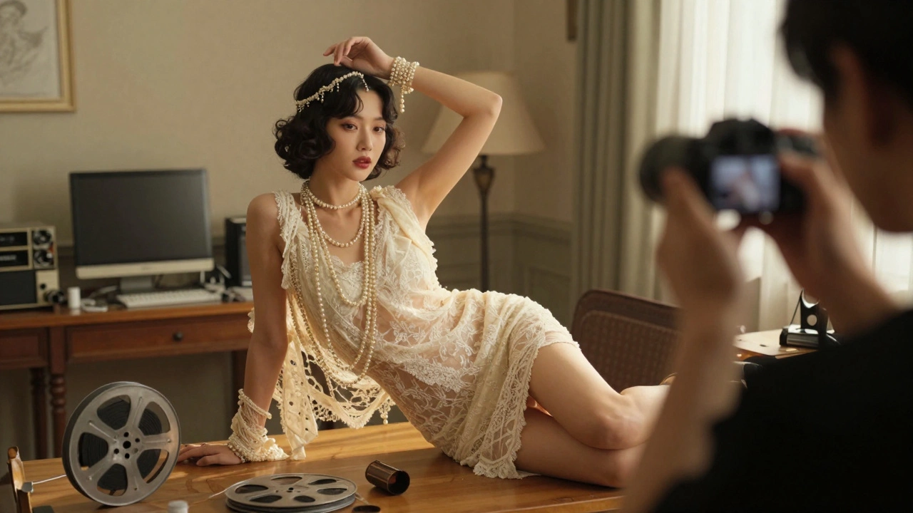 An artistic photo session in a 1920s-inspired atelier, with a model draped in lace and pearls, emphasizing aesthetic storytelling over physicality.
