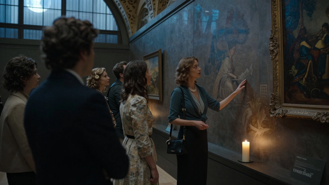 An educated woman giving a private art tour in the Musée d’Orsay after hours, illuminated by moonlight and candles.