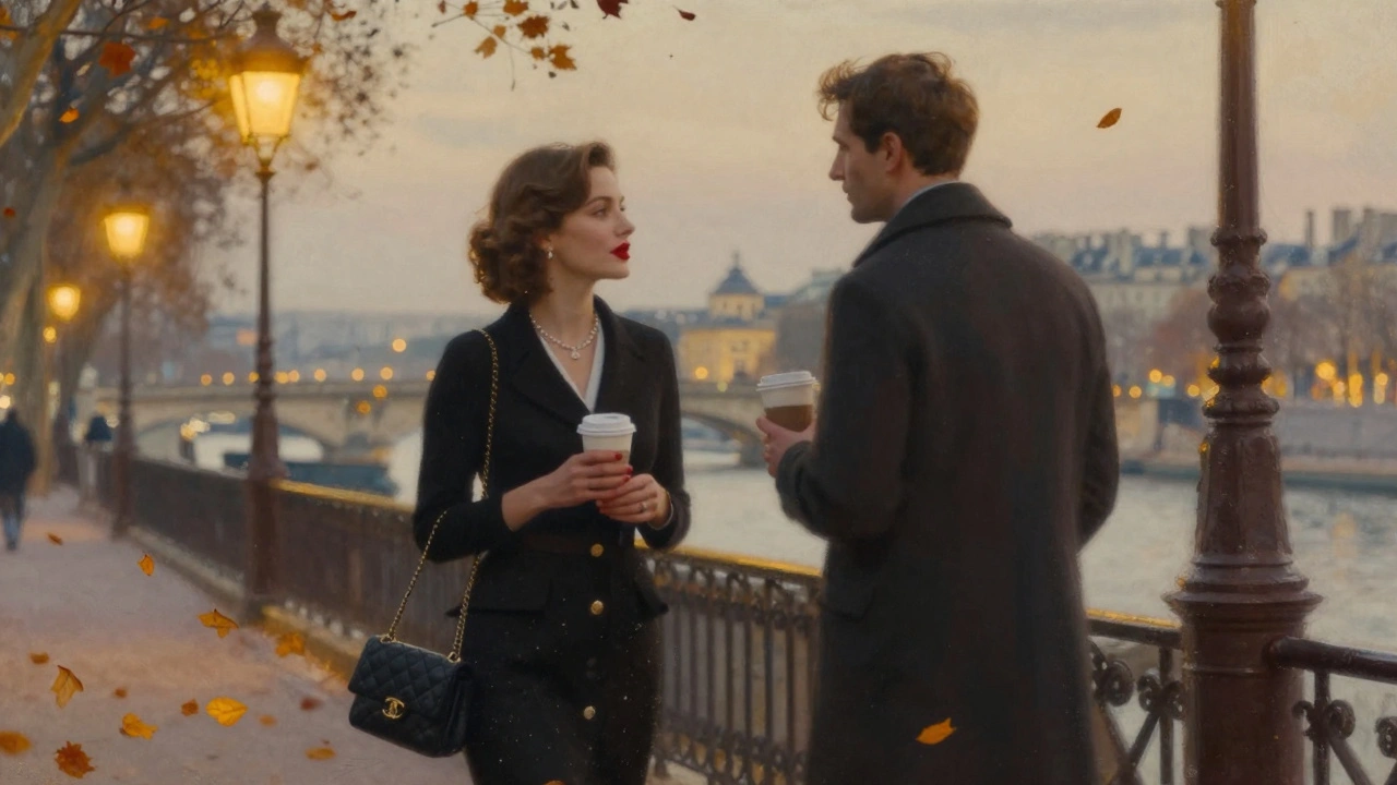 An elegant couple walking through Saint-Germain at dusk, engaged in deep conversation under golden streetlights and the Seine.