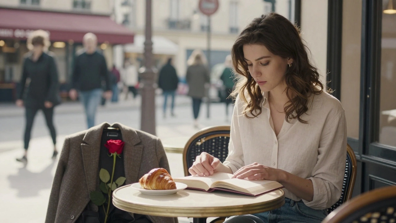 An empty chair at a Parisian café holds a rose and coat, suggesting an absent companion in the morning light.