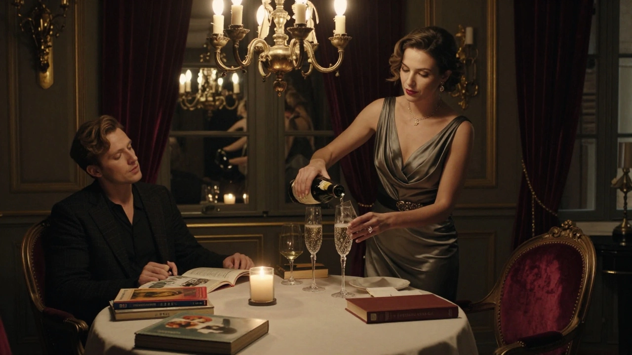 Candlelit private dinner with champagne being poured in an elegant Parisian dining room.