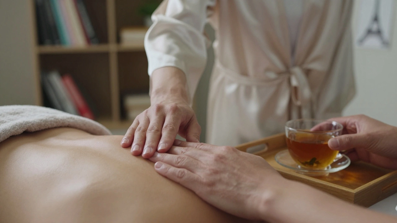 Close-up of hands offering a massage and herbal tea, conveying calm and care in a private, upscale setting.