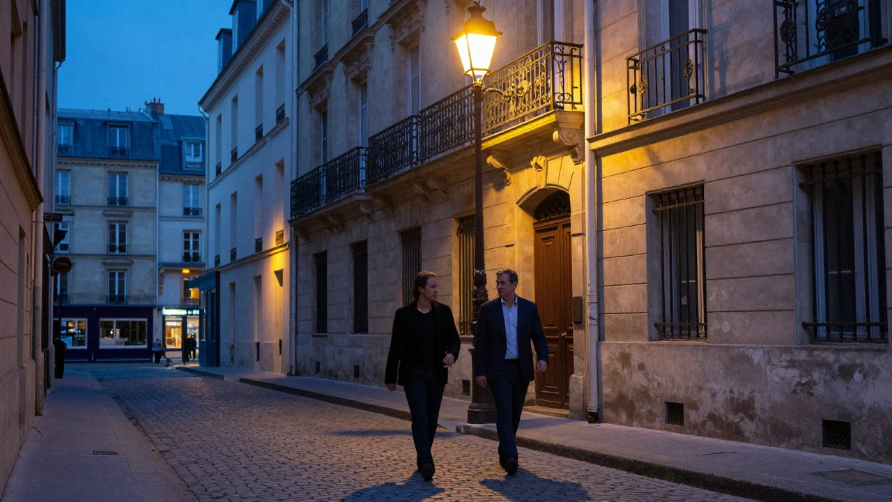 Elegant couple walking through illuminated cobblestone streets in Le Marais at night.