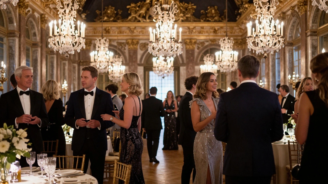 Formal gala attendees mingling at an upscale French venue