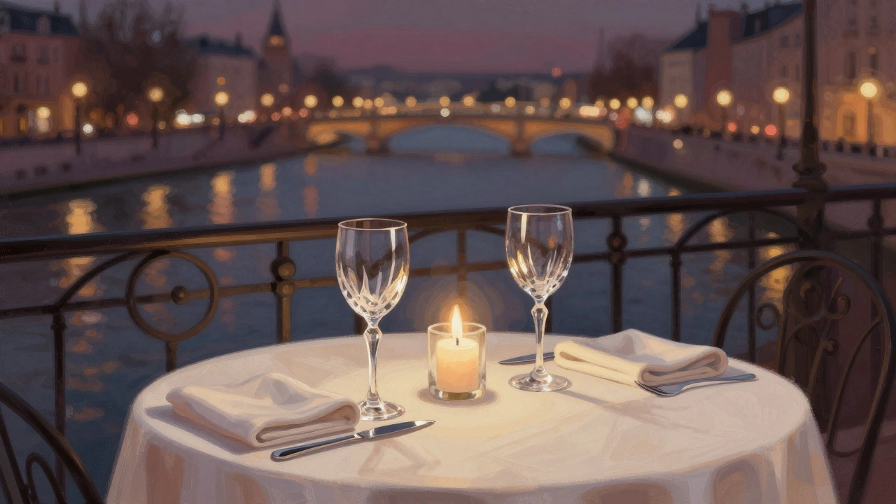Impressionist illustration of an elegant outdoor bistro table with wine glasses and blurred city lights.