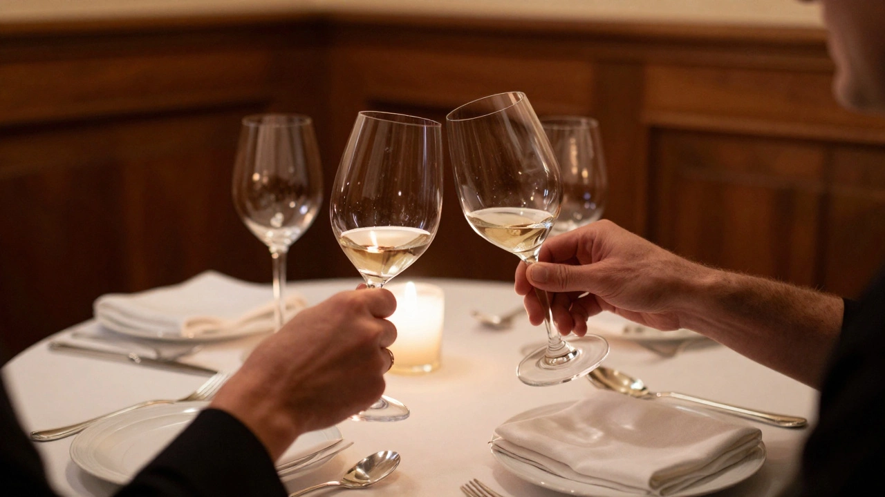 Intimate fine dining table setting with wine glasses and candlelight in Paris.