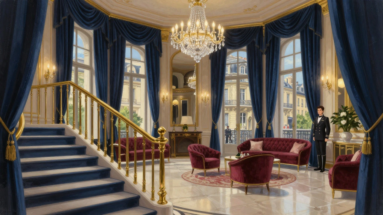 Luxurious Parisian hotel lobby with grand staircase