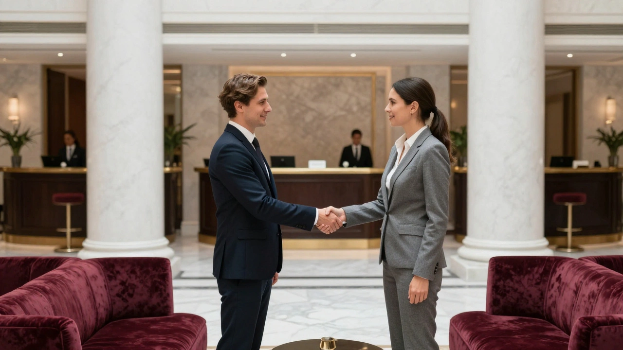 Professional handshake occurring in a high-end hotel lobby hall.