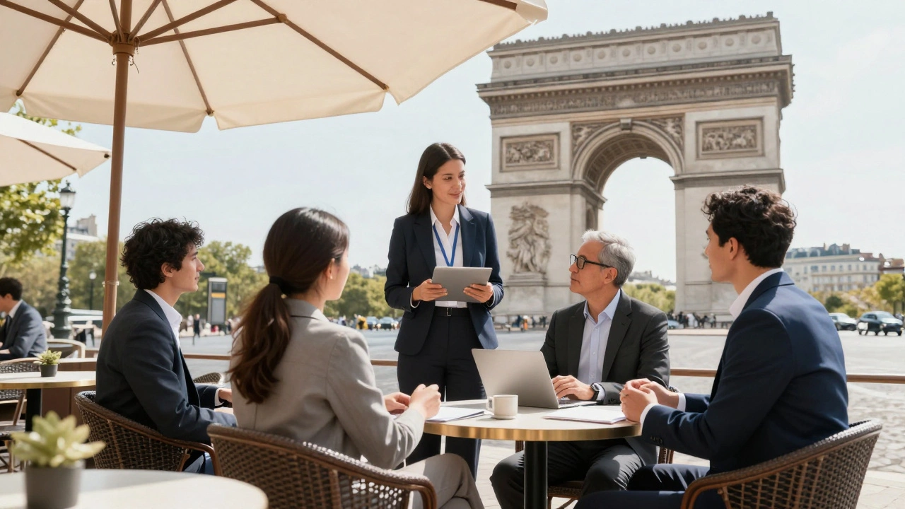 Professional meeting at a cafe terrace near Arc de Triomphe.