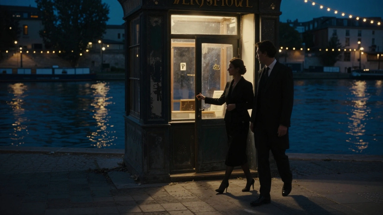 Silhouettes of a couple walking along the Seine past a glowing, historic bookstore at midnight.