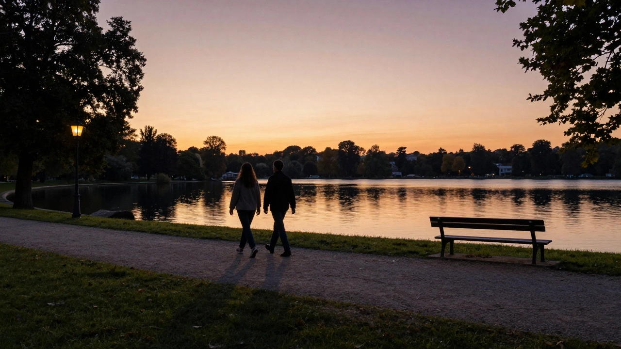 Silhouettes of two people stroll peacefully by a lake at sunset in Parc de Bercy, surrounded by trees and soft lantern light.