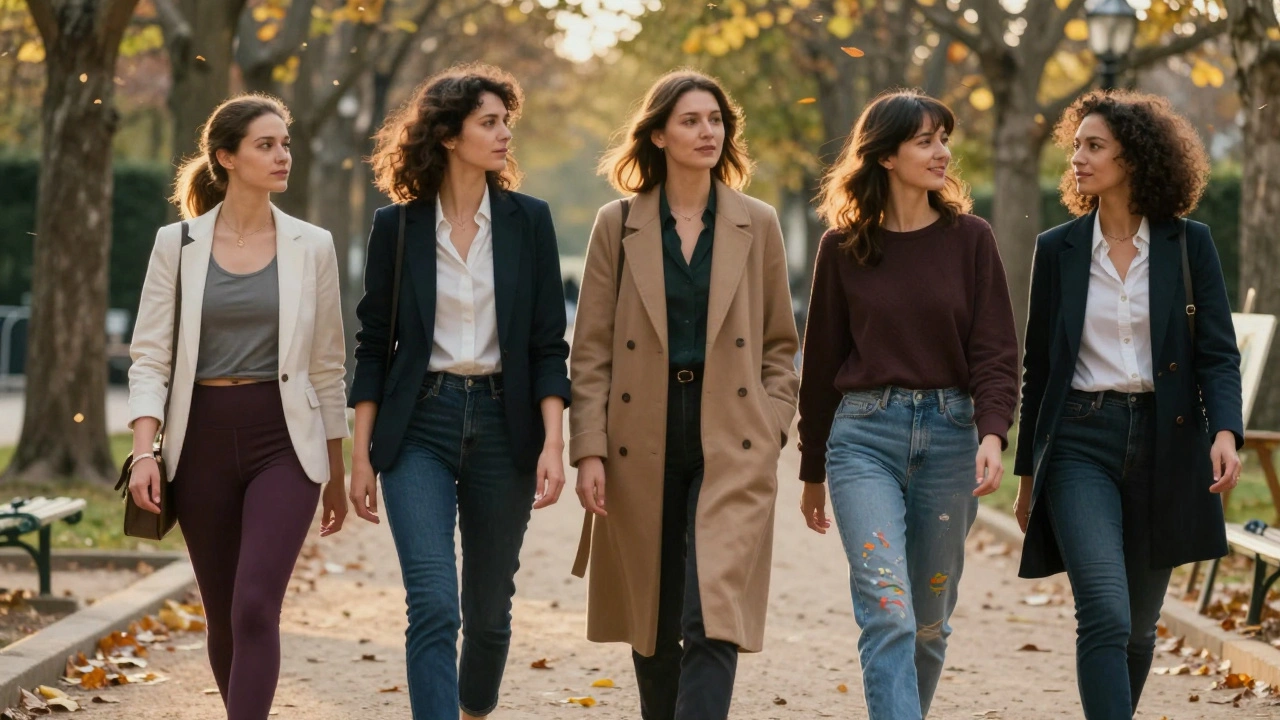 Three professional women walking through Parc Montsouris in Paris, each with distinct style and quiet poise.