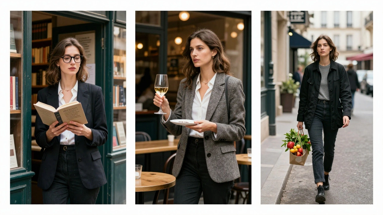 Three women in Paris 11th embody quiet companionship — reading, tasting wine, and exploring a market.