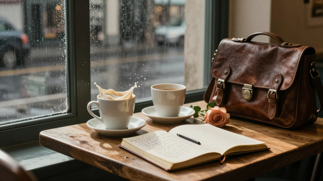 Two coffee cups on a wooden table in a quiet Parisian café, one with oat milk, rain streaking the window, a notebook and rose nearby.