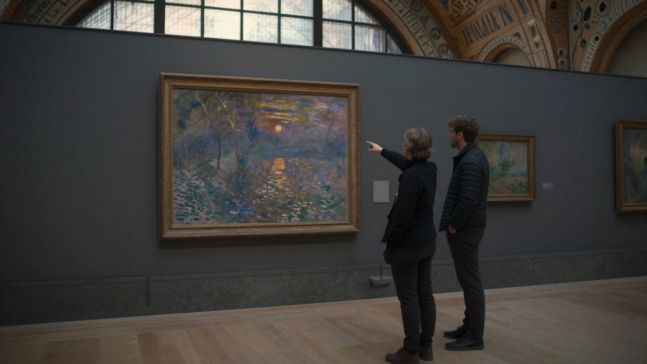 Two figures quietly observe a Monet painting in the empty Musée d’Orsay, golden light streaming through the windows.
