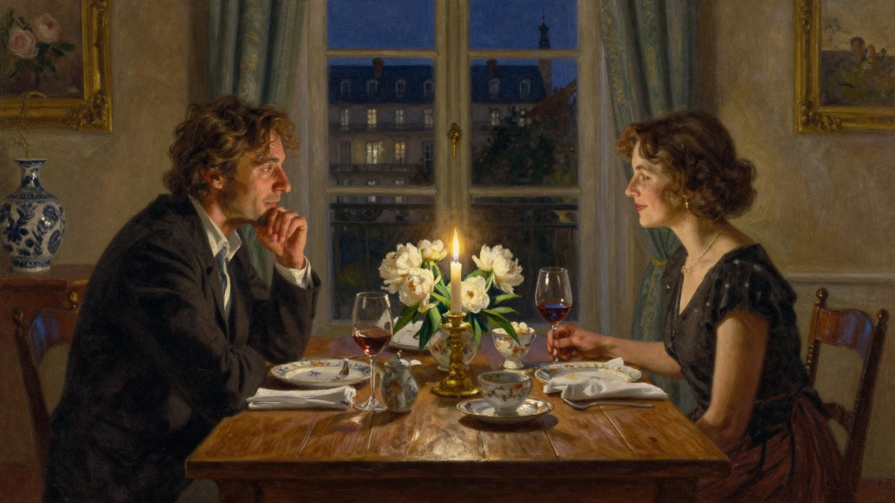 Two people share a candlelit dinner in an elegant Parisian villa, surrounded by fine china and soft ambient light.