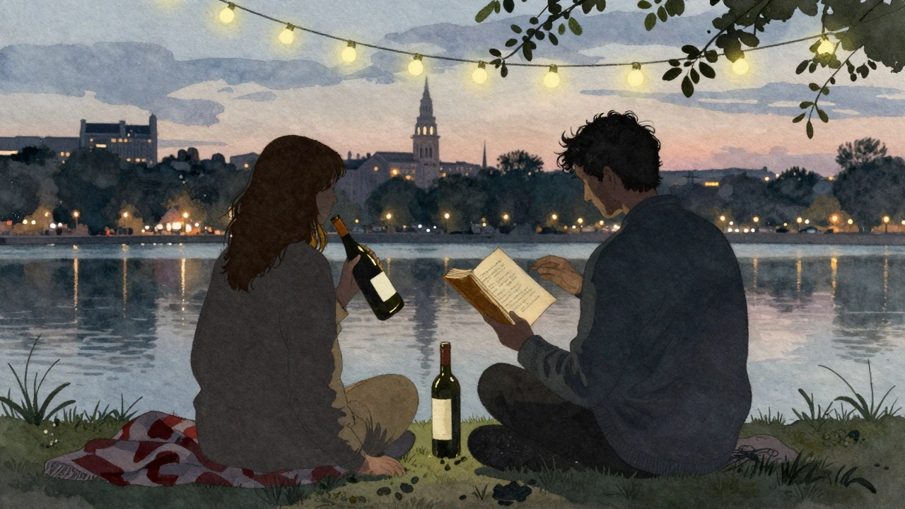 Two silhouettes share wine by a park lake at dusk, reading poetry together under soft string lights.